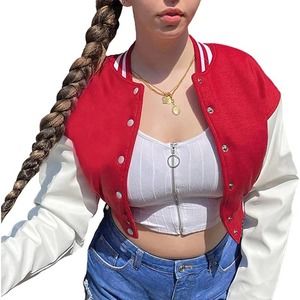 Red and White Varsity Jacket - Women's Cropped Letterman Style